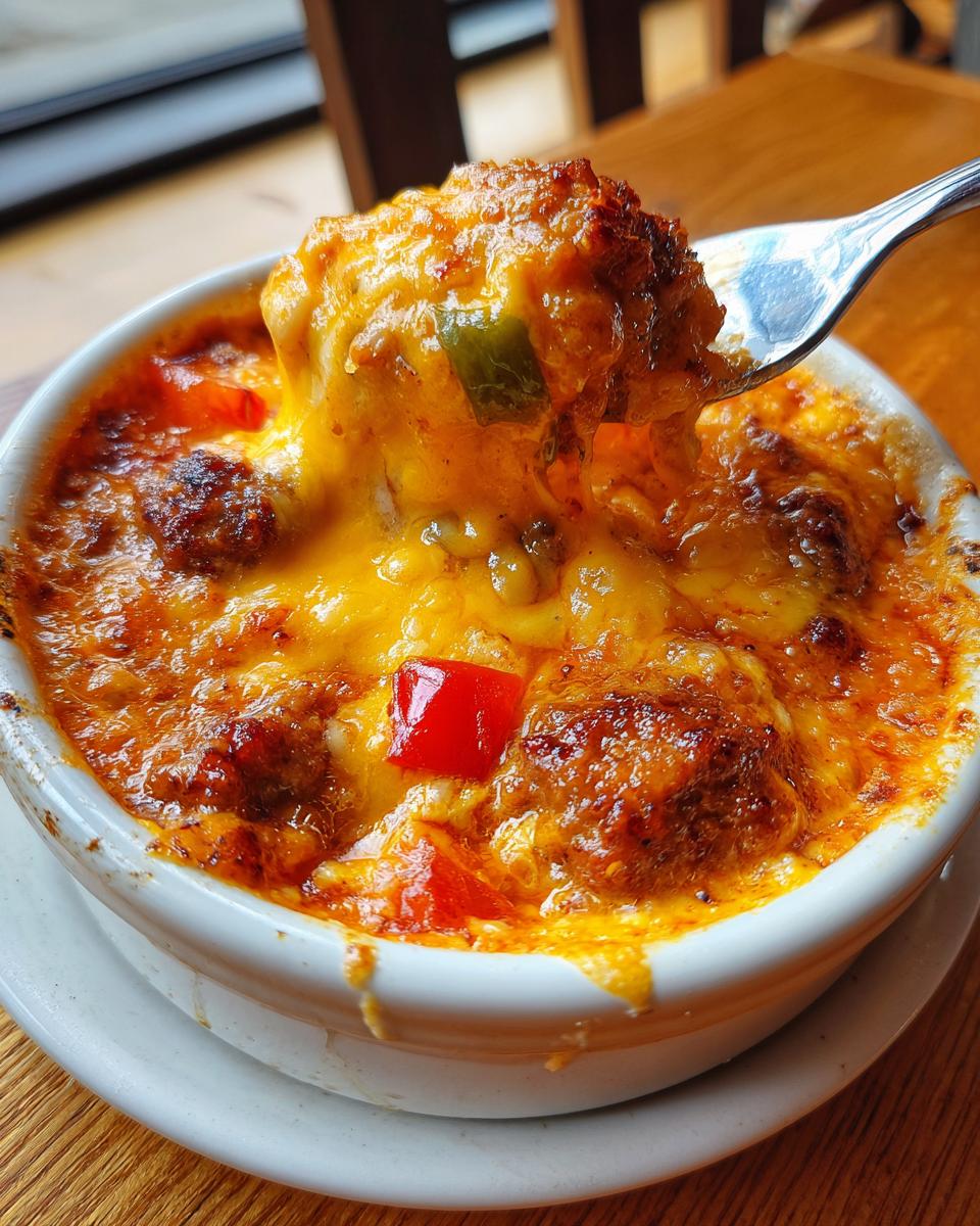 A spoonful of hot, cheesy sausage rotel dip, featuring melted cheese and visible peppers, being lifted from a white ramekin.