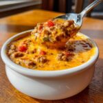 A spoonful of hot, cheesy sausage rotel dip being lifted from a white bowl on a wooden table.