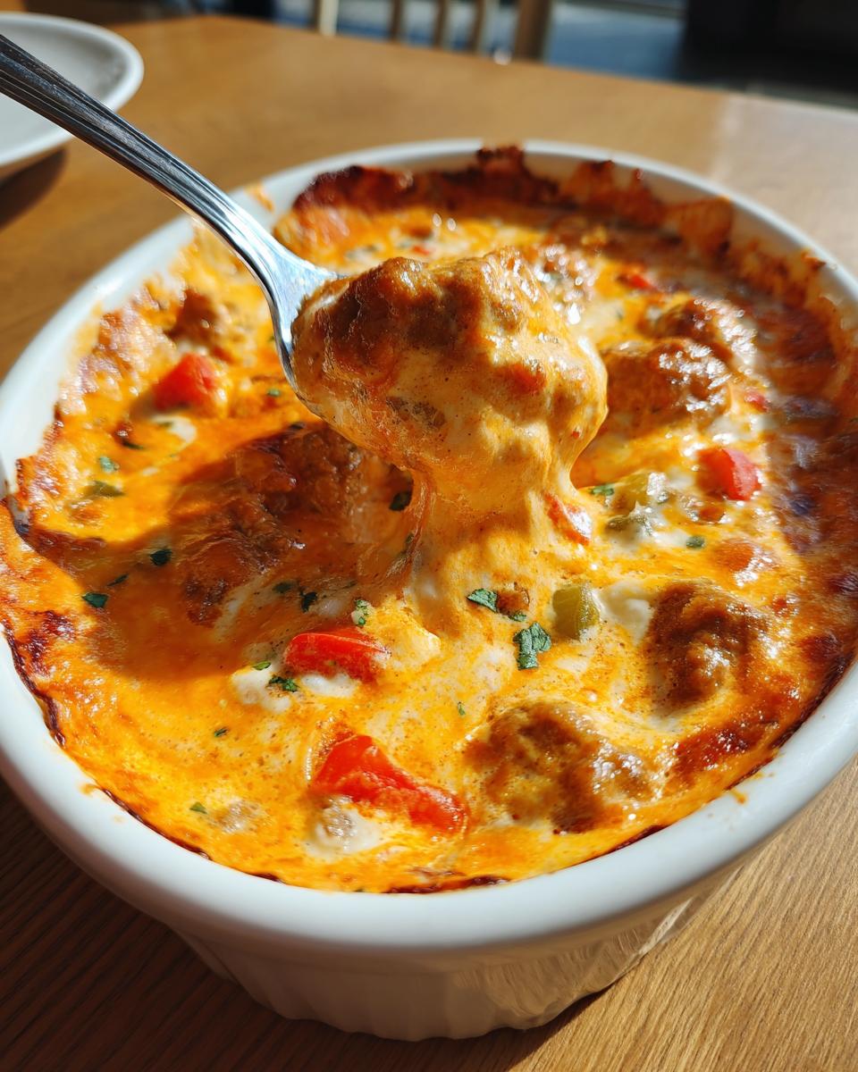 A spoonful of hot, cheesy sausage rotel dip being lifted from a white baking dish.