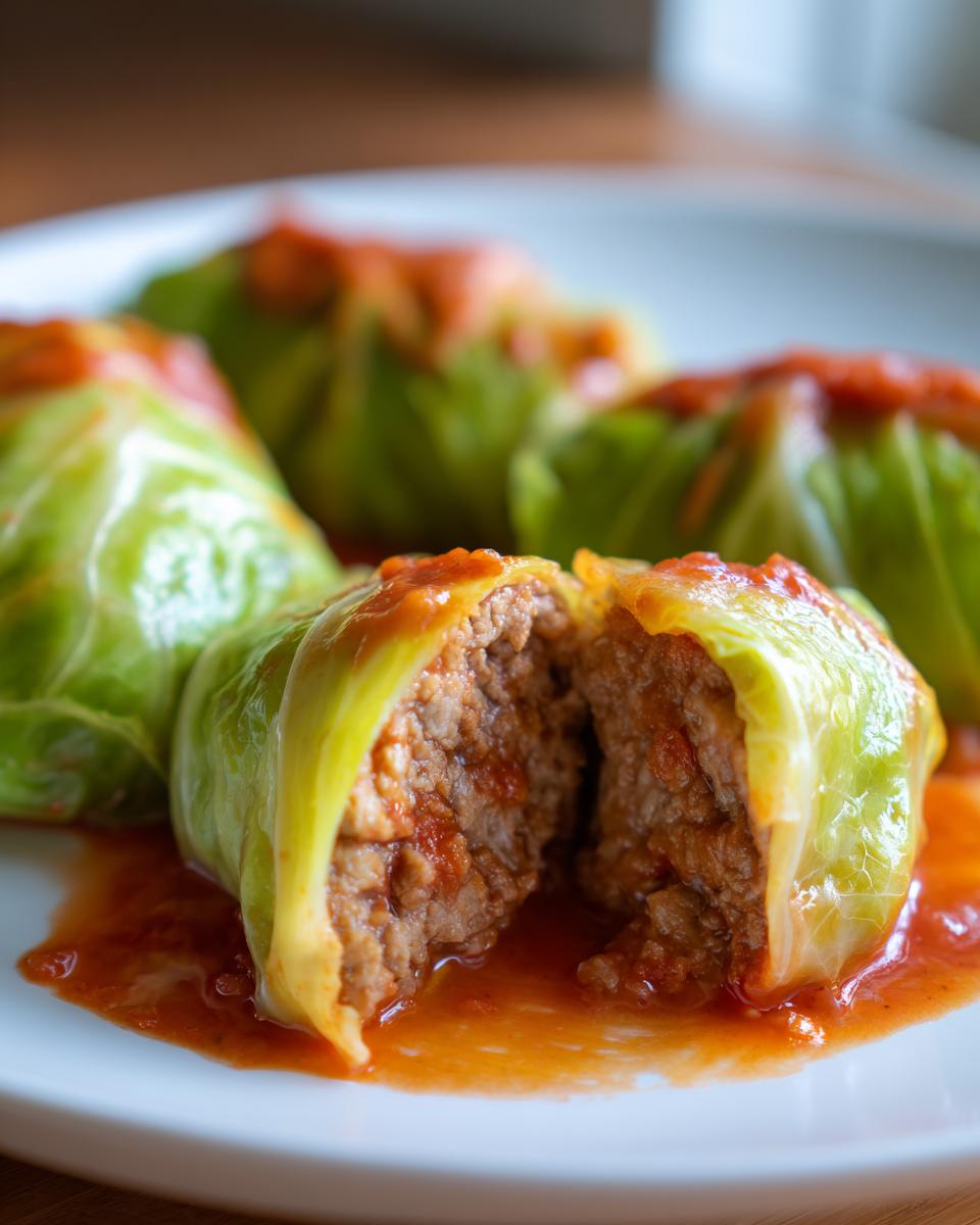 A close-up of homemade cabbage rolls served in tomato sauce, showing the savory meat filling inside one cut open.