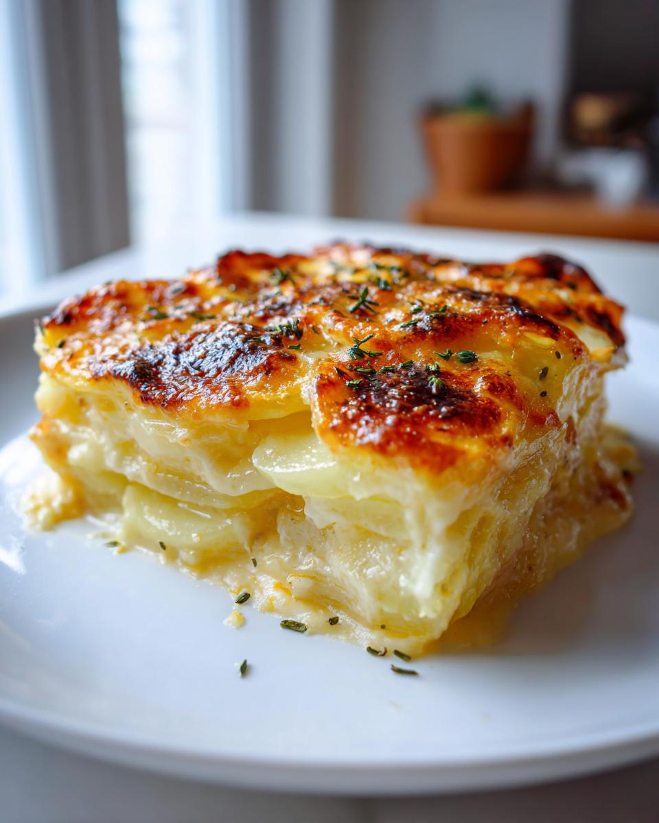 A thick, creamy slice of scalloped potatoes recipe with a golden-brown, cheesy top garnished with herbs.