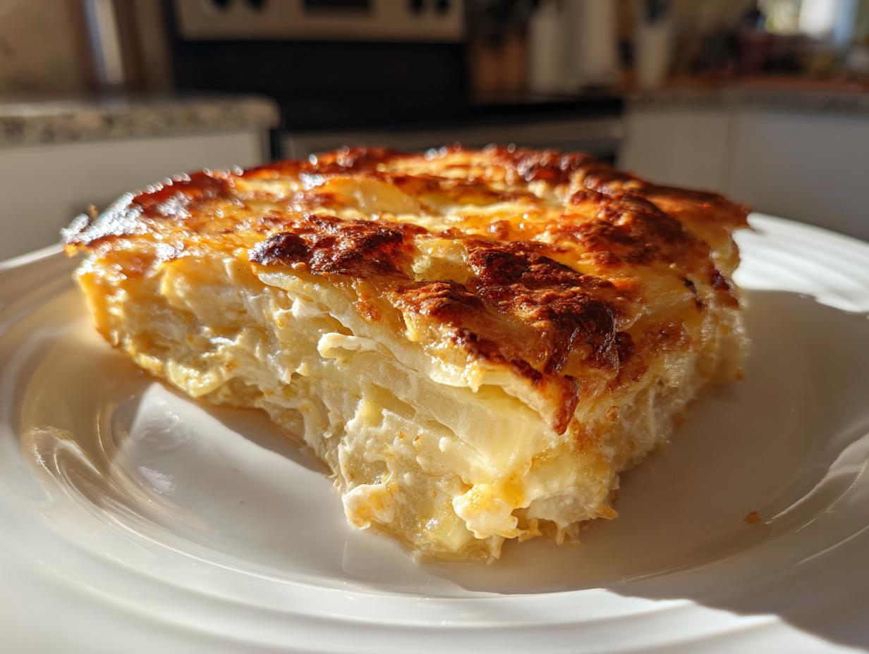 A golden-brown slice of creamy scalloped potatoes recipe served on a white plate.