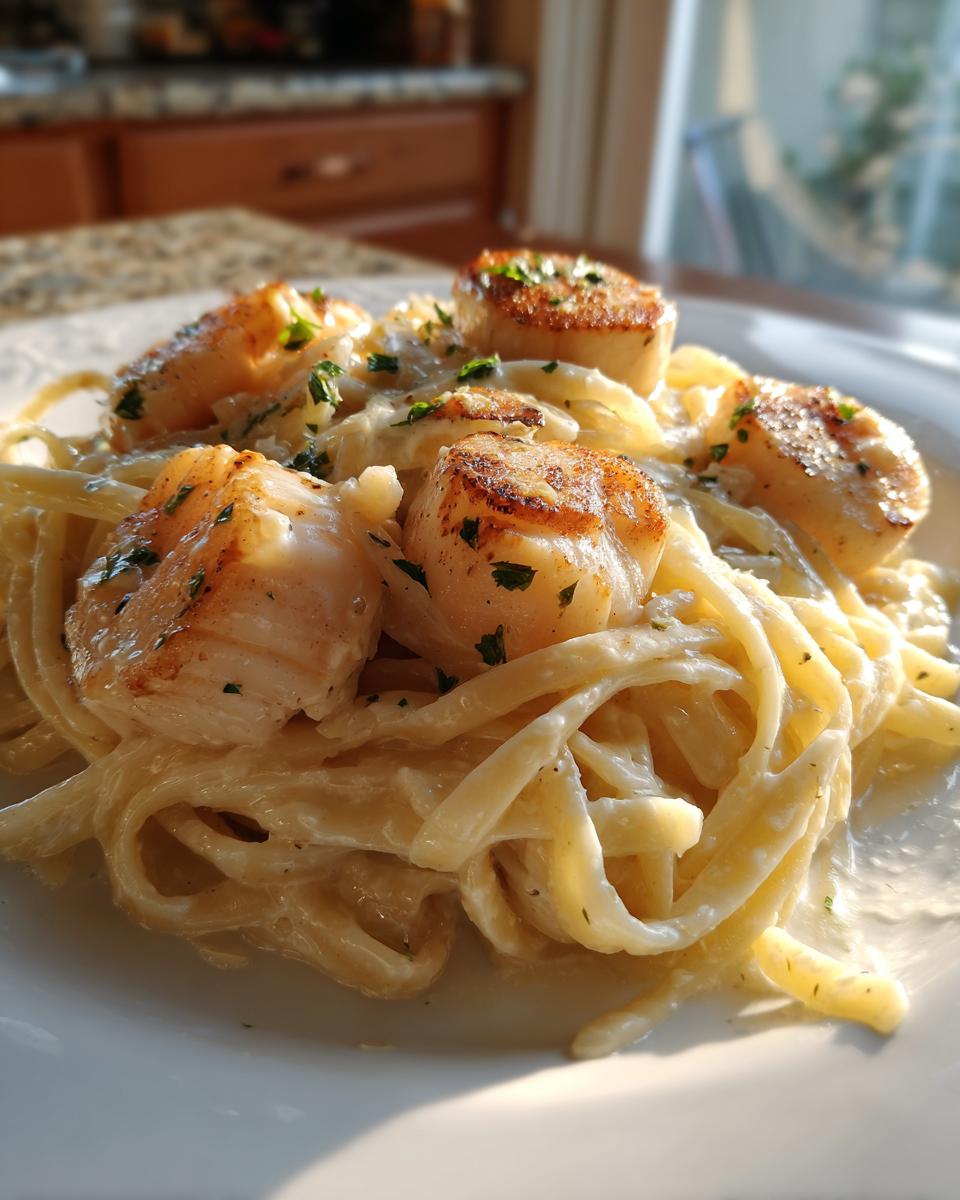 Close-up of creamy seafood pasta topped with perfectly seared scallops and fresh parsley.