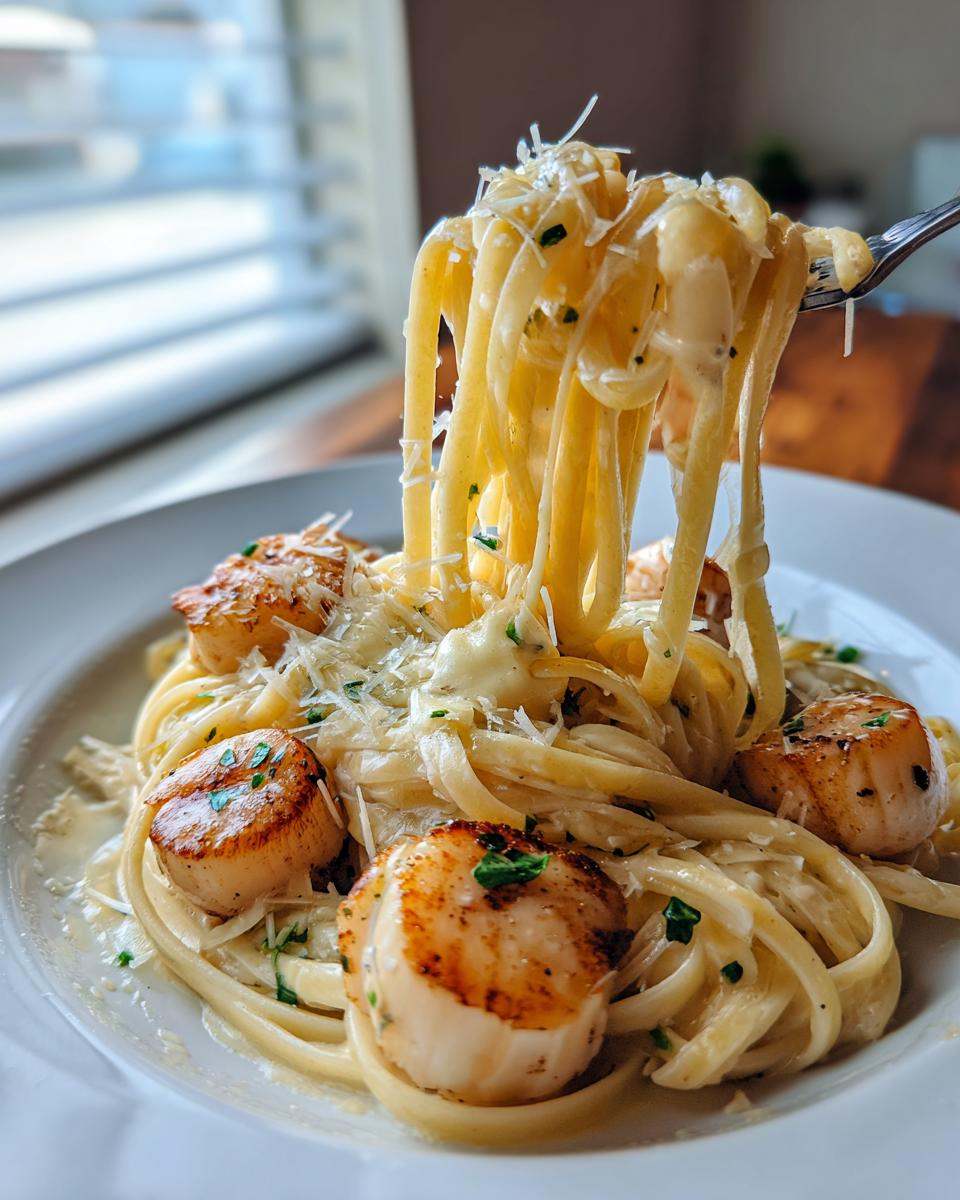 A fork lifts creamy linguine noodles from a plate of rich seafood pasta topped with seared scallops and Parmesan cheese.