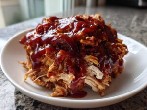 A mound of shredded pulled chicken generously topped with rich, dark BBQ sauce on a white plate.