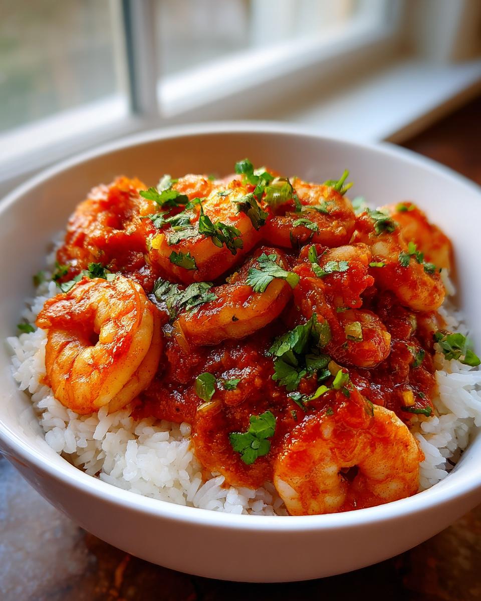 A white bowl filled with white rice topped generously with vibrant, saucy shrimp creole and fresh parsley garnish.