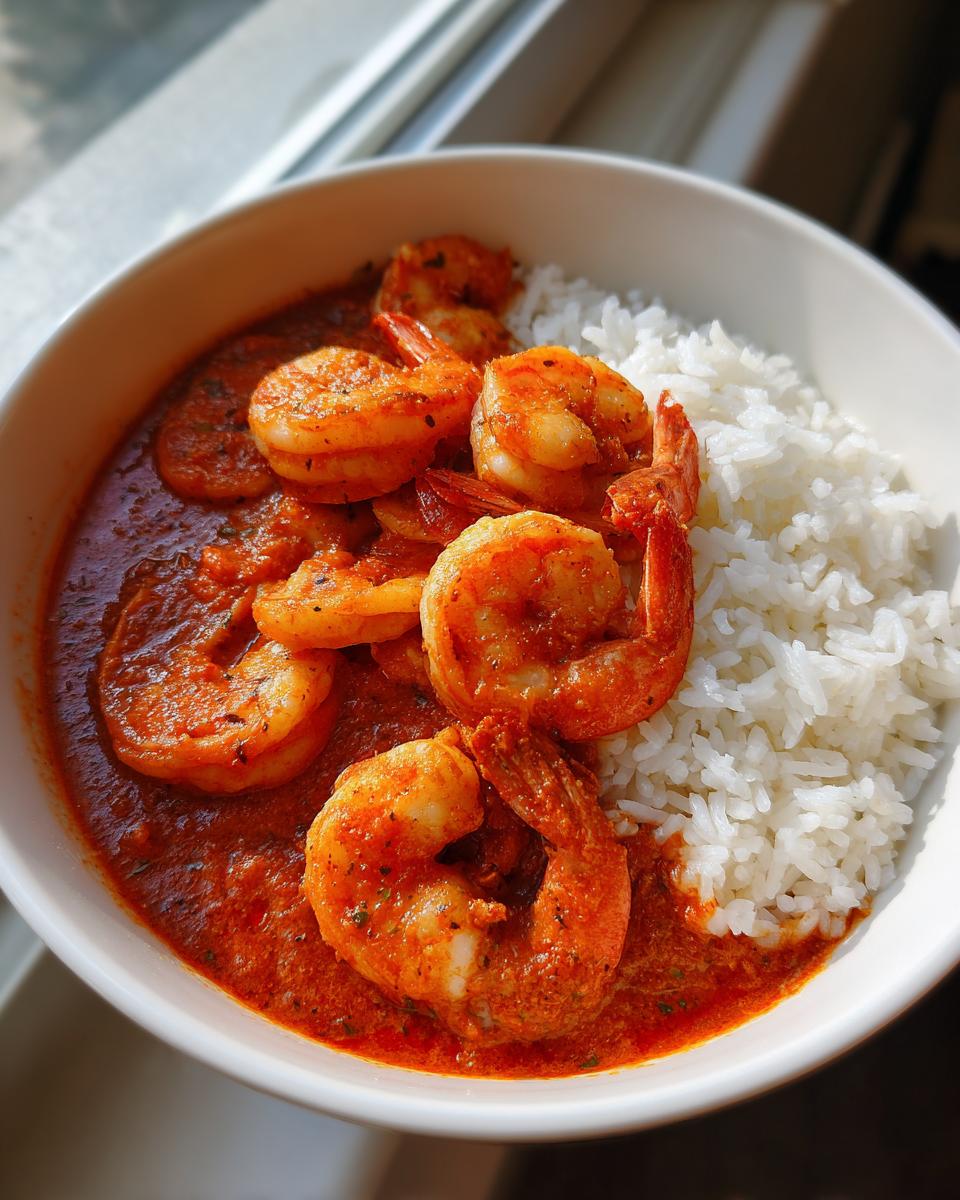 Close-up of a white bowl filled with vibrant red shrimp creole sauce, seasoned shrimp, and fluffy white rice.