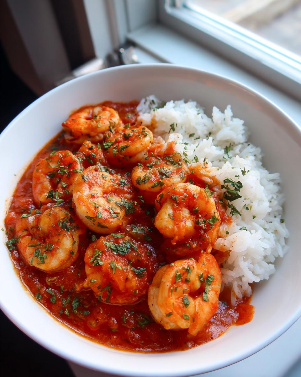 A close-up of a white bowl filled with vibrant Shrimp Creole sauce and plump shrimp served next to fluffy white rice.
