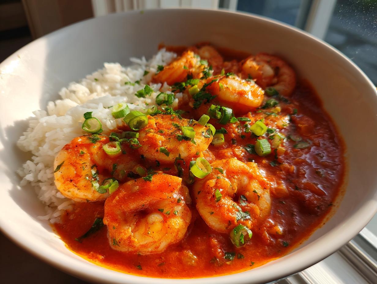 Close-up of a bowl of vibrant Shrimp Creole served next to fluffy white rice, garnished with green onions.