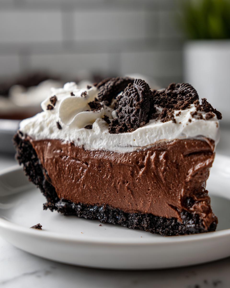 A decadent slice of chocolate mousse pie with a dark crust, topped with whipped cream and crushed chocolate cookies.