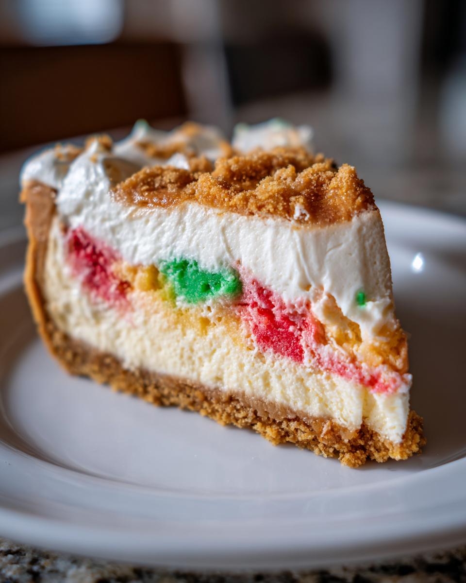 A close-up of a slice of christmas tree cheesecake showing graham cracker crust, creamy filling with red and green colors, and whipped topping.