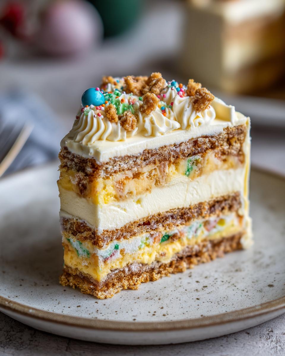 Close-up of a layered slice of christmas tree cheesecake topped with cream swirls and colorful sprinkles.