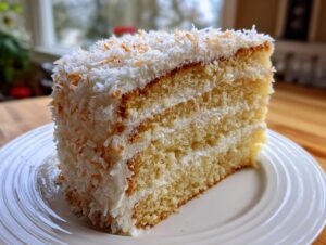 A tall slice of layered coconut cake recipe covered in white frosting and toasted coconut flakes on a white plate.