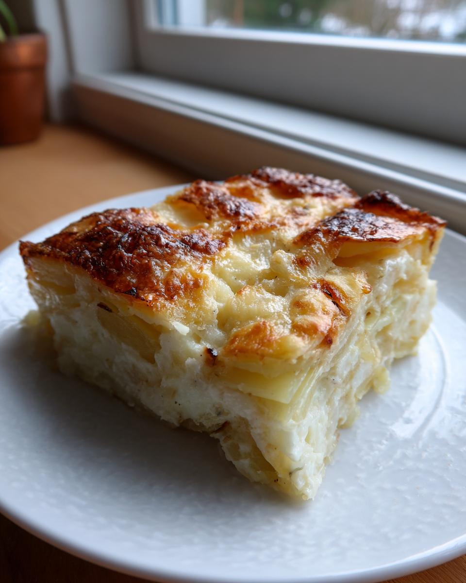 A thick slice of creamy potatoes au gratin with a perfectly browned, cheesy top, served on a white plate.