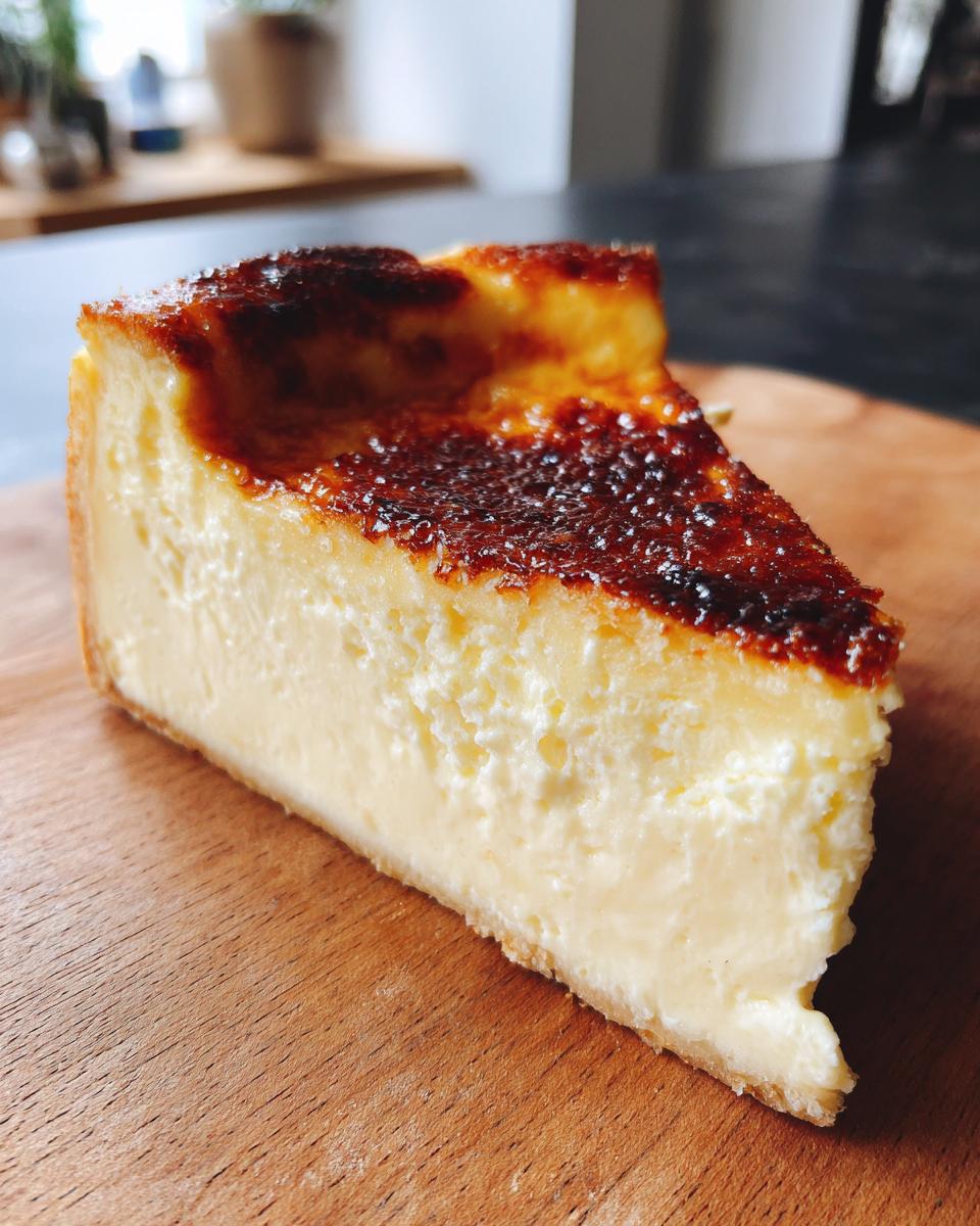 A close-up of a thick slice of creme brulee cheesecake showing the creamy interior and dark, caramelized top.
