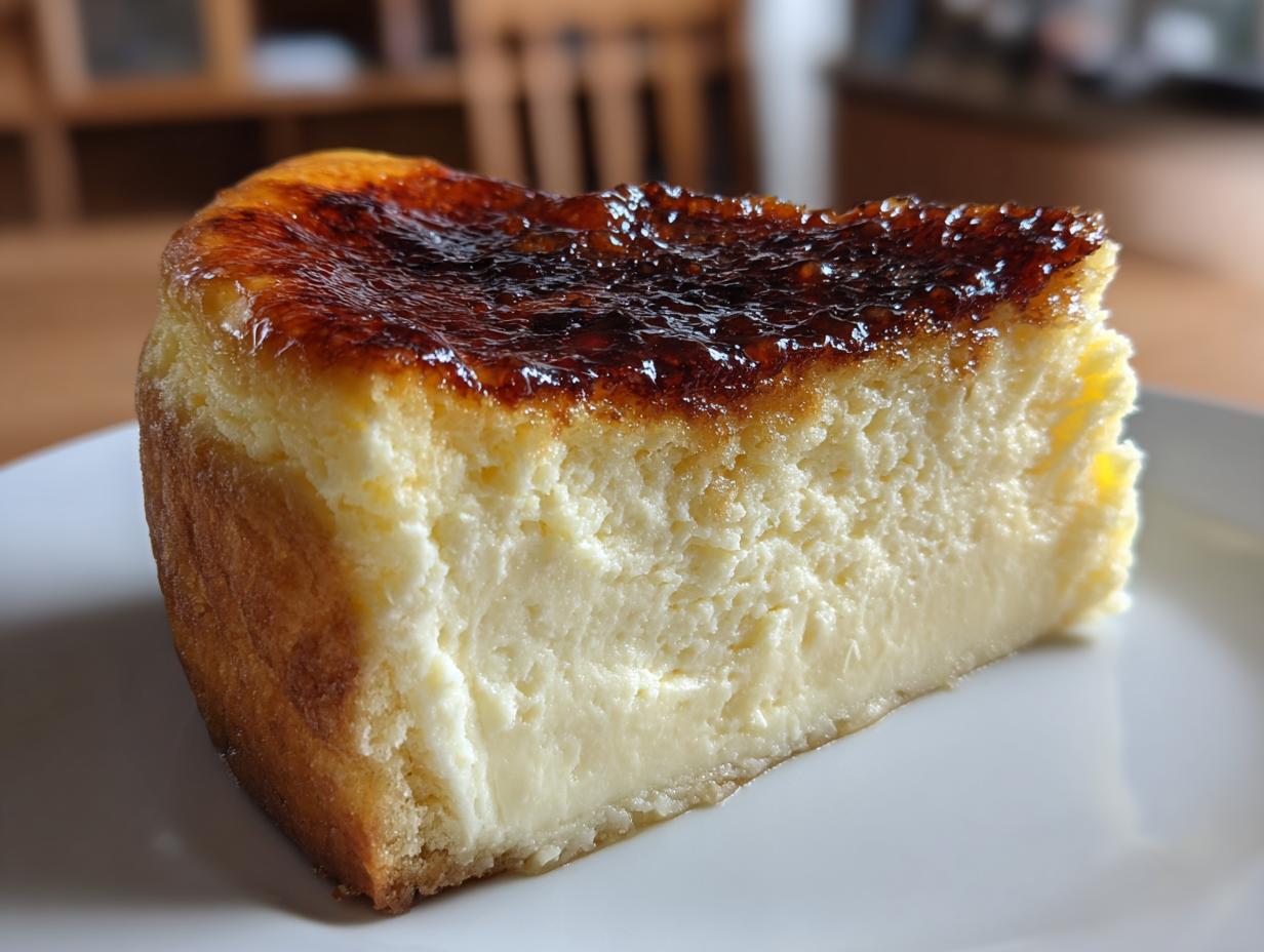 A close-up slice of creamy creme brulee cheesecake featuring a perfectly caramelized, dark brown sugar crust.