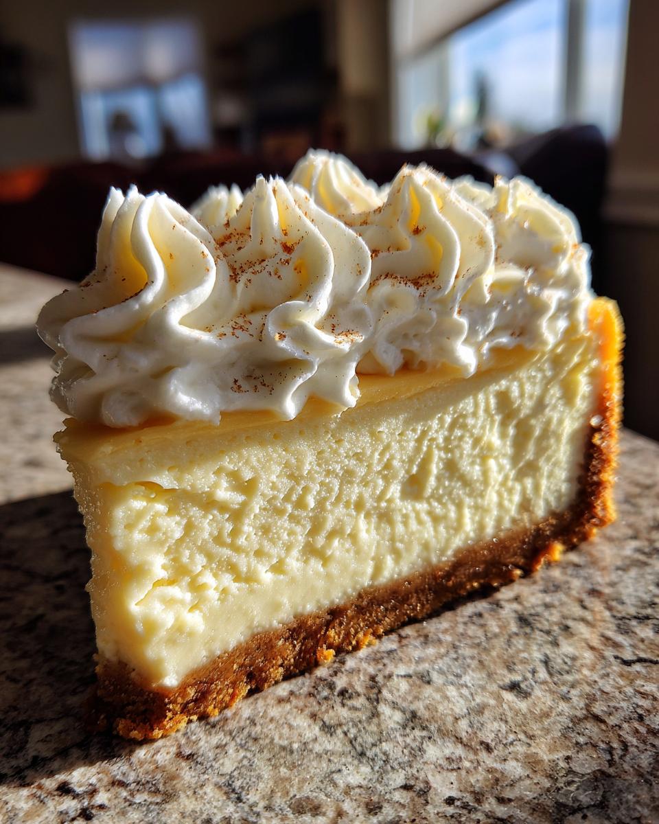 A perfect slice of creamy eggnog cheesecake recipe topped with piped whipped cream and a dusting of nutmeg.