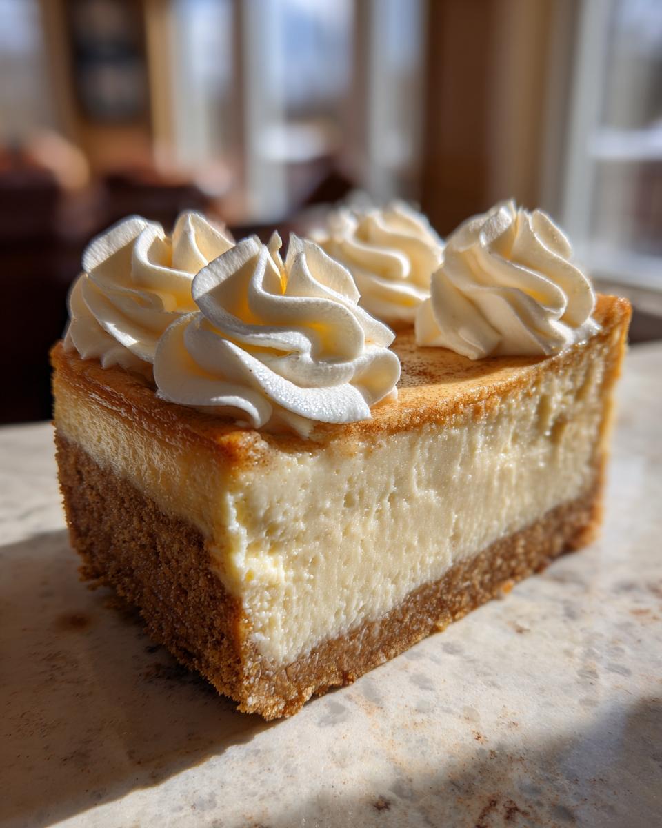 A close-up of a rich slice of eggnog cheesecake recipe, featuring a thick graham cracker crust and topped with piped whipped cream.