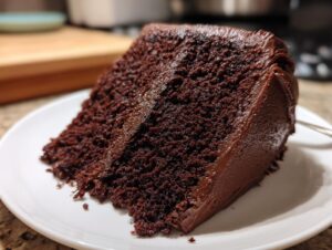 Close-up of a moist slice of homemade chocolate cake layered with thick chocolate frosting on a white plate.