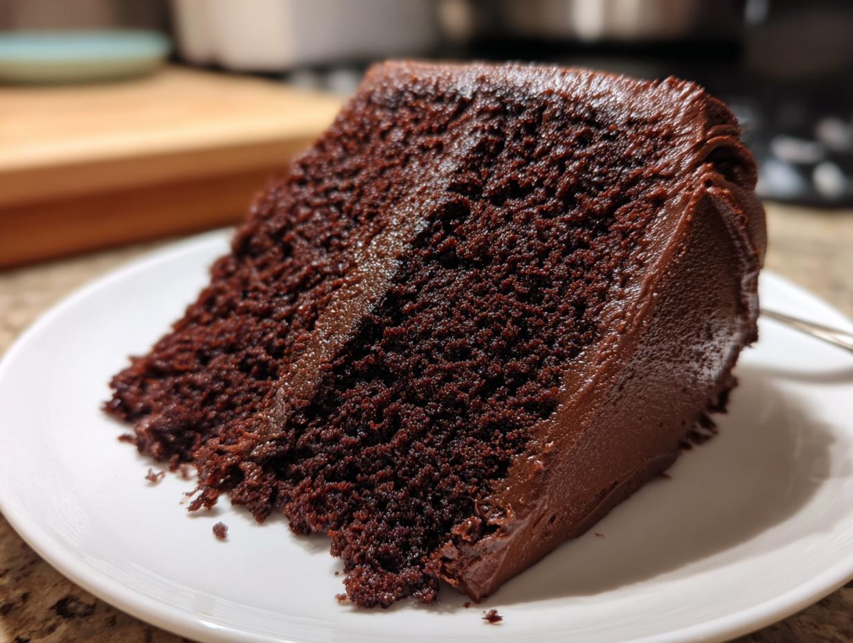 Close-up of a moist slice of homemade chocolate cake layered with thick chocolate frosting on a white plate.
