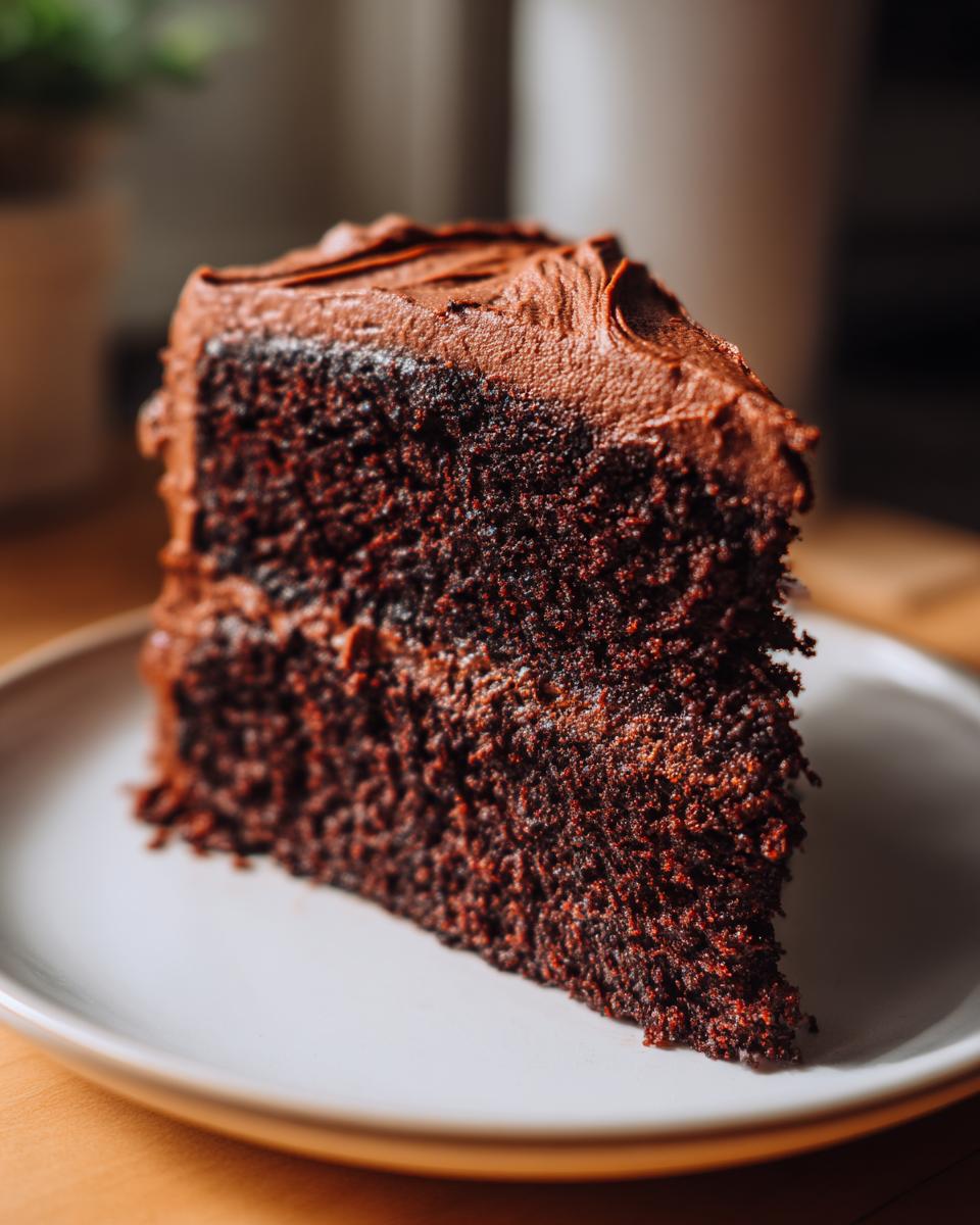 Close-up of a rich, dark slice of homemade chocolate cake topped with thick chocolate frosting on a white plate.