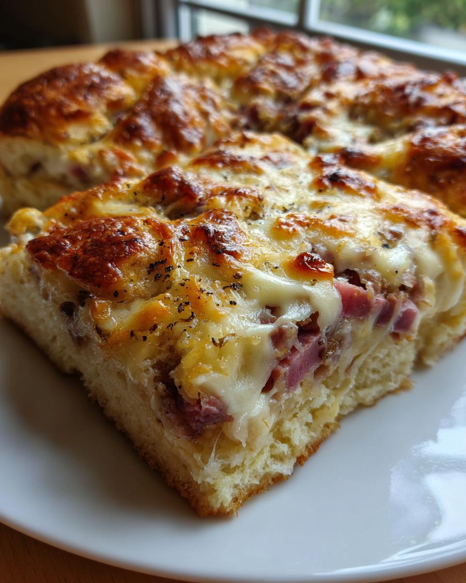 Close-up of a slice of homemade reuben bake showing melted cheese, corned beef, and a soft bread base.