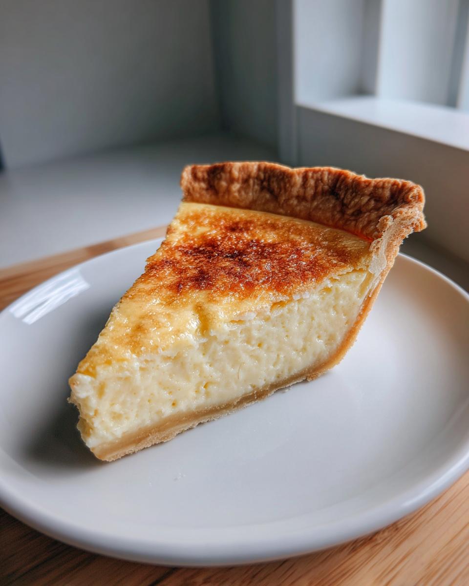 A close-up of a single slice of creamy buttermilk pie on a white plate, featuring a browned top.