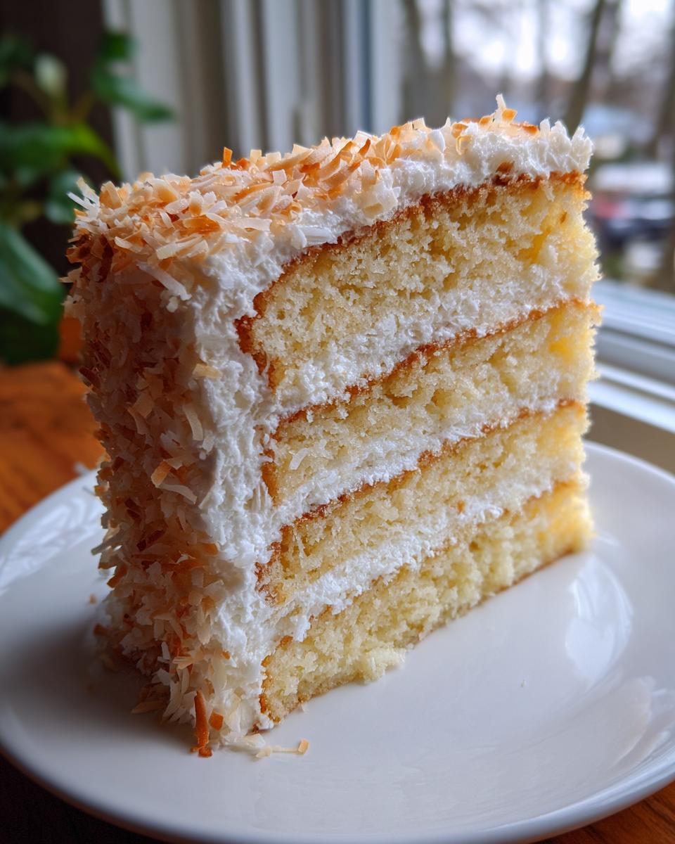 A tall, three-layer slice of moist coconut cake recipe covered in white frosting and toasted coconut flakes.