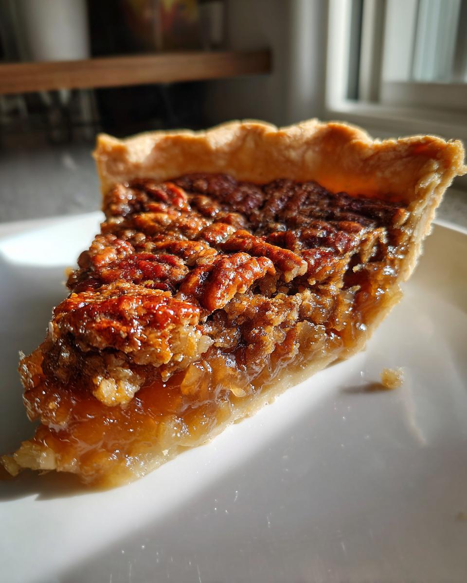 Close-up of a rich, gooey slice of pecan pie cobbler recipe on a white plate.