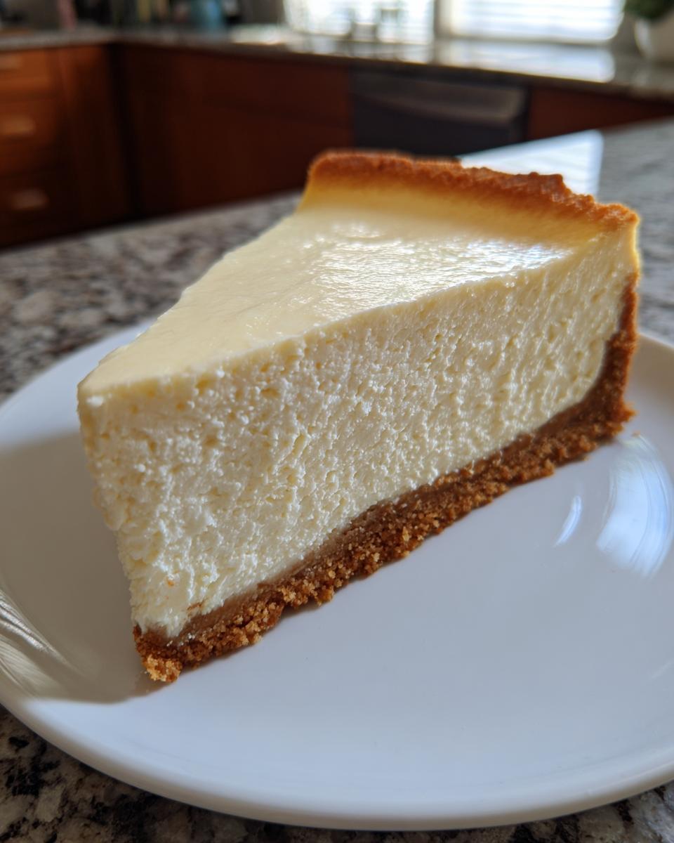 A perfect slice of creamy Protein Cheesecake with a thick graham cracker crust served on a white plate.