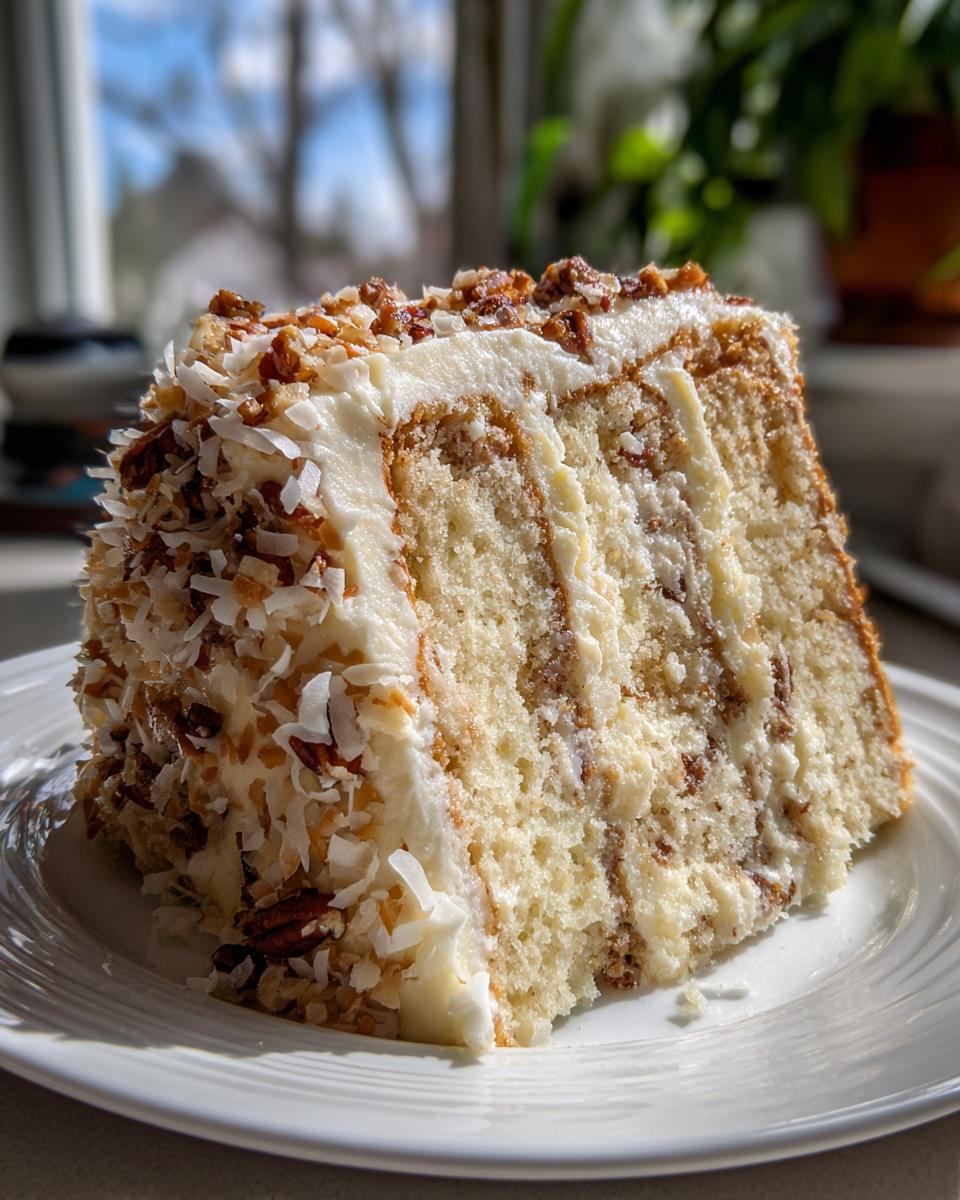 A tall slice of white German chocolate cake featuring layers of light cake, white frosting, and a coconut pecan filling/topping.
