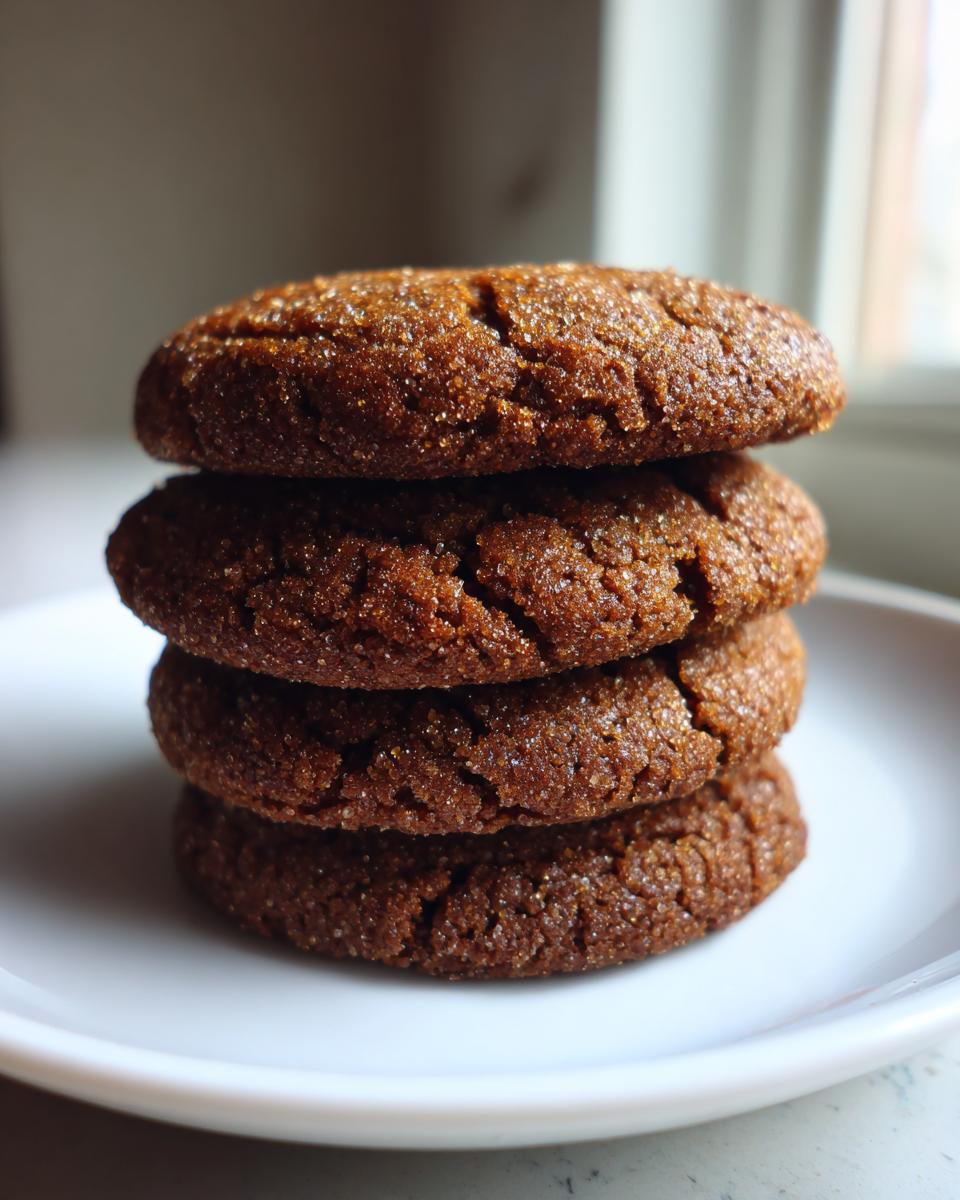 A stack of four dark brown, crackled soft gingerbread cookies coated in sugar, resting on a white plate.