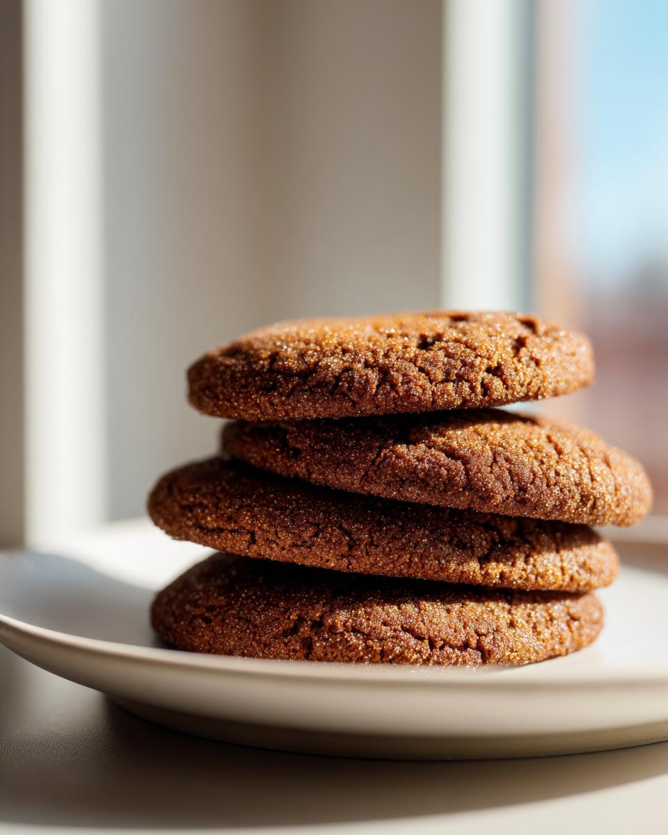 A stack of four dark brown, sugar-coated soft gingerbread cookies resting on a light plate.