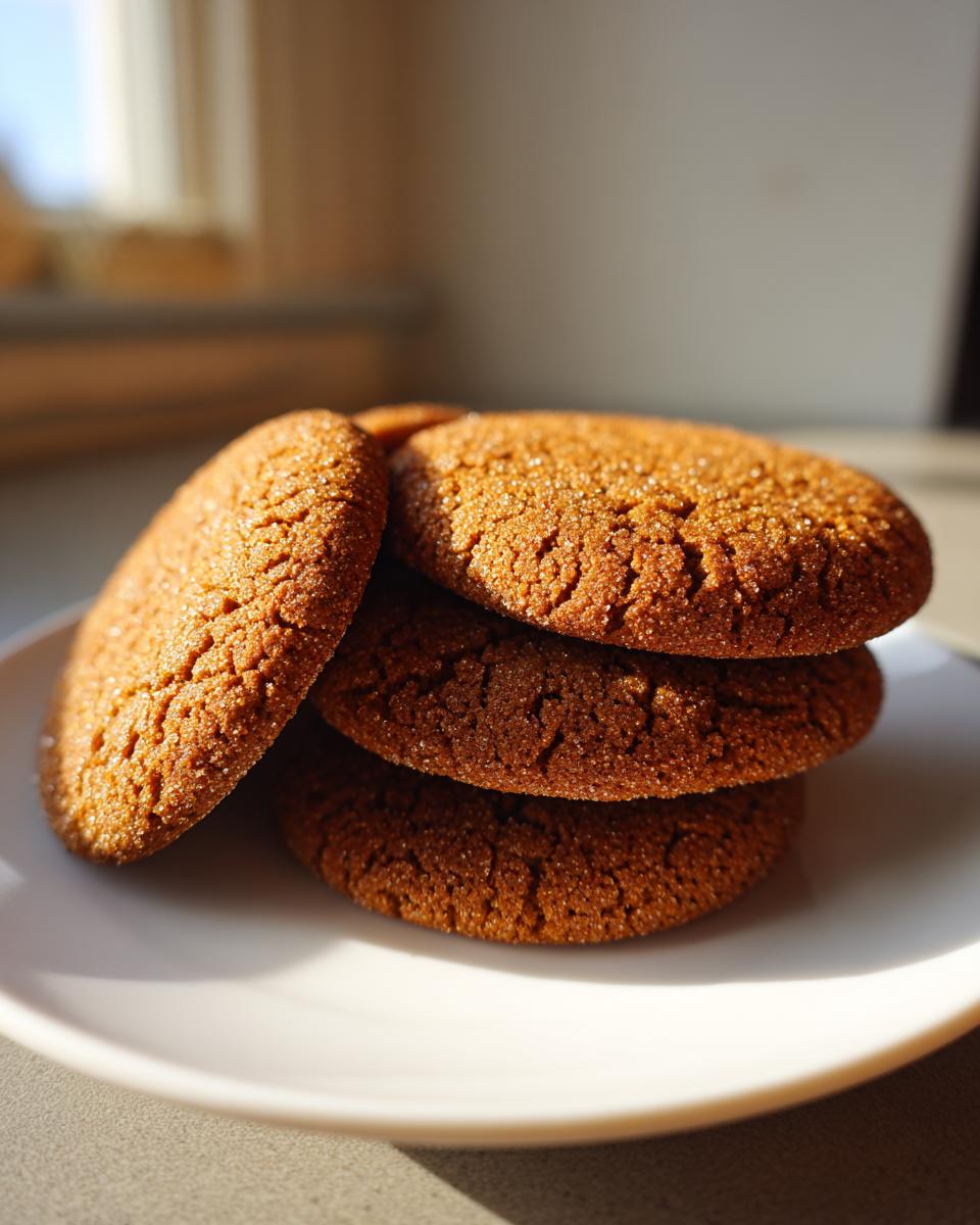A stack of four golden brown soft gingerbread cookies, coated in sugar crystals, resting on a white plate.
