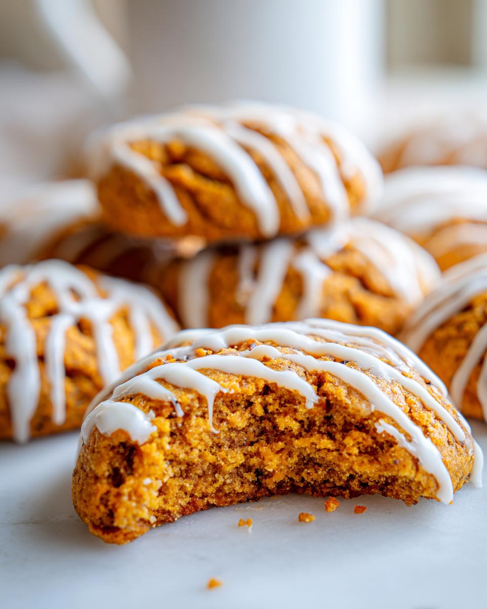 Close-up of a soft persimmon cookie with a bite taken out, showing the moist interior and white glaze drizzle.