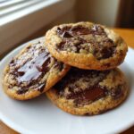 A stack of three soft, golden brown pudding cookies topped with pools of melted dark chocolate.