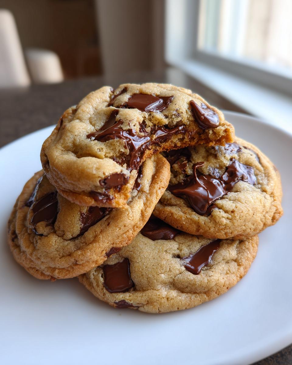 A stack of four soft, golden pudding cookies loaded with melted chocolate chunks, one cookie broken open.