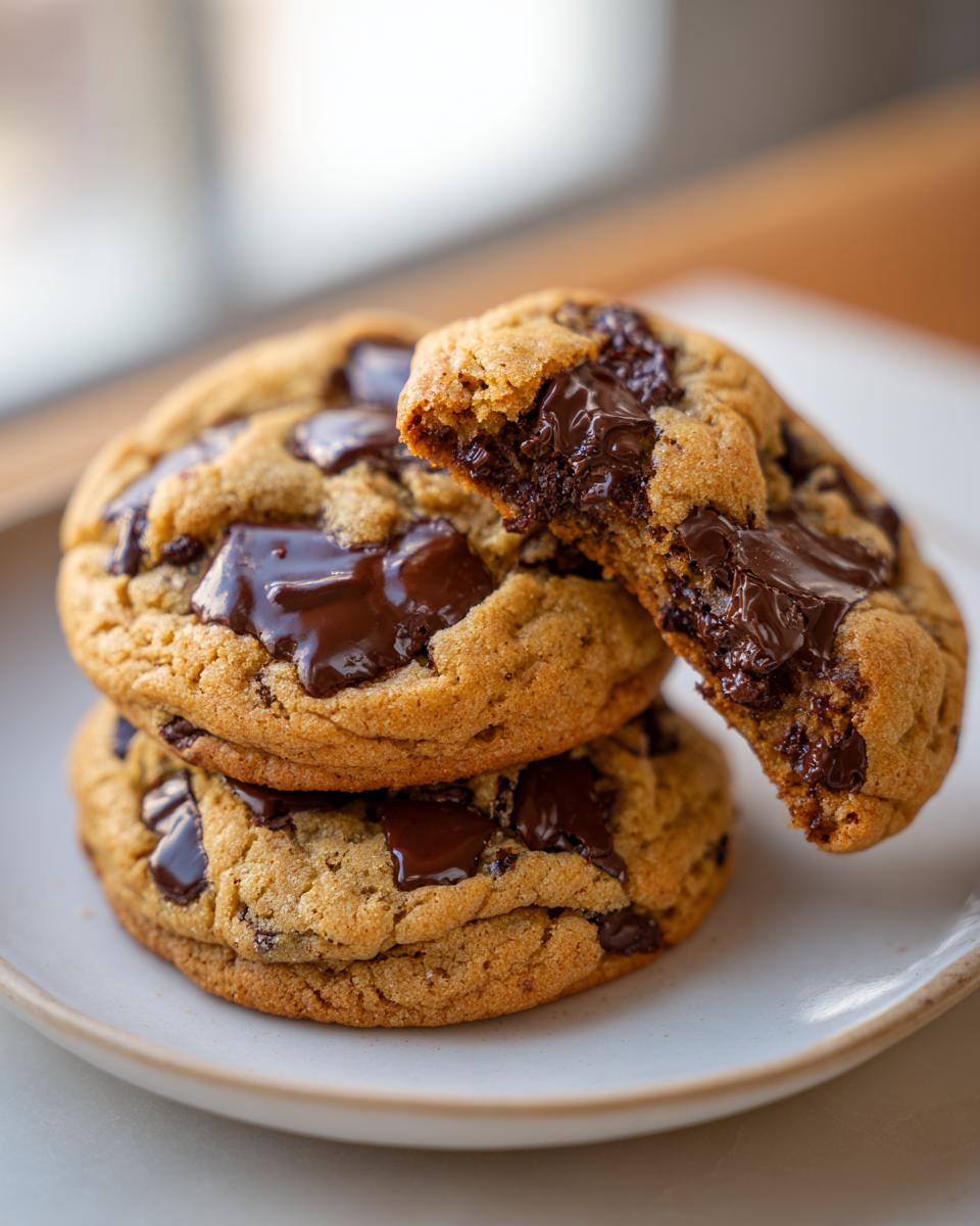 A stack of three soft pudding cookies, one broken open to show gooey melted chocolate chips inside.