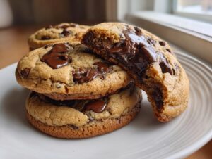 Stack of soft pudding cookies with one cookie broken open revealing a gooey, melted chocolate center.