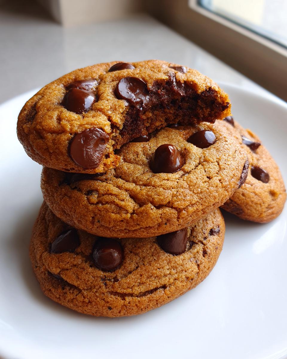 Stack of three soft pudding cookies with melted chocolate chips, one cookie on top is broken open.