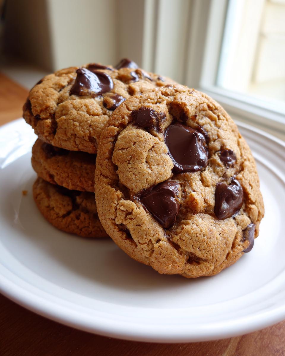 A stack of three soft, chewy pudding cookies loaded with melted chocolate chips resting on a white plate.