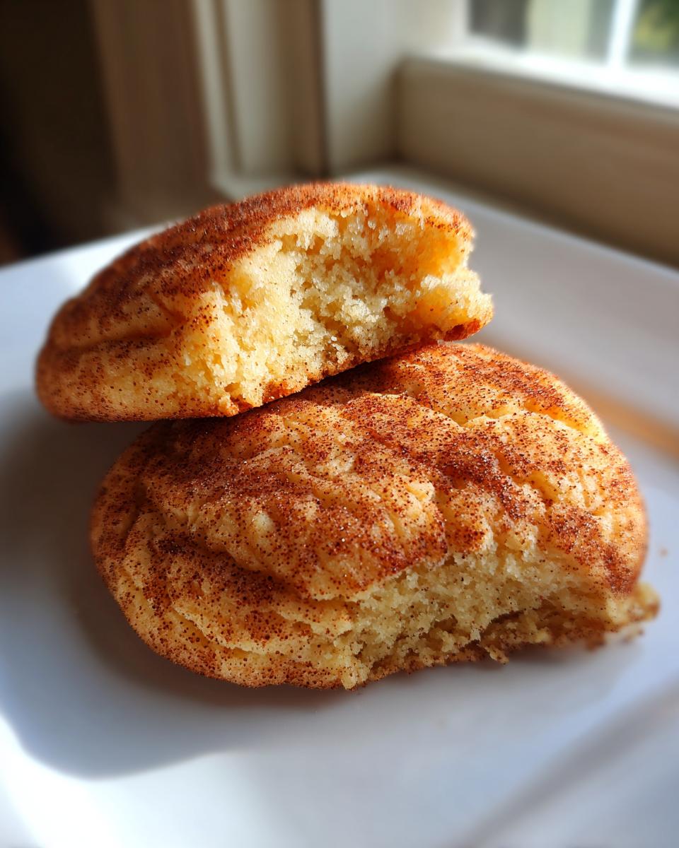 Close-up of a soft, broken snickerdoodle cookie showing its fluffy interior and cinnamon sugar coating.