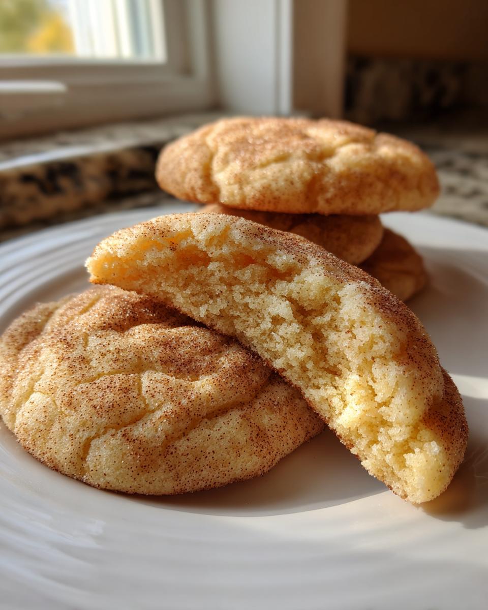 A close-up of a soft, chewy snickerdoodle cookie broken in half showing the texture, next to other snickerdoodle cookies on a white plate.