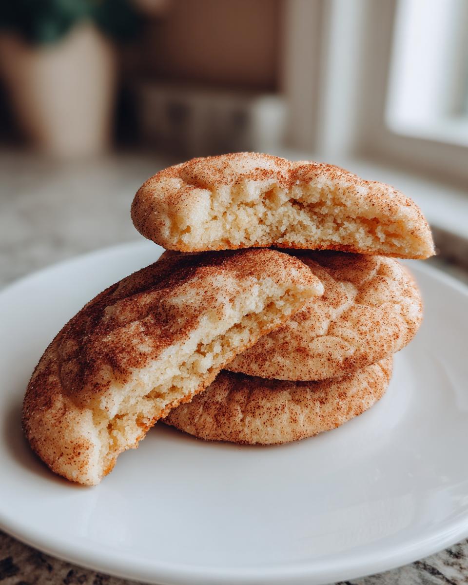 A stack of three soft snickerdoodle cookies, one broken in half to show the fluffy interior coated in cinnamon sugar.