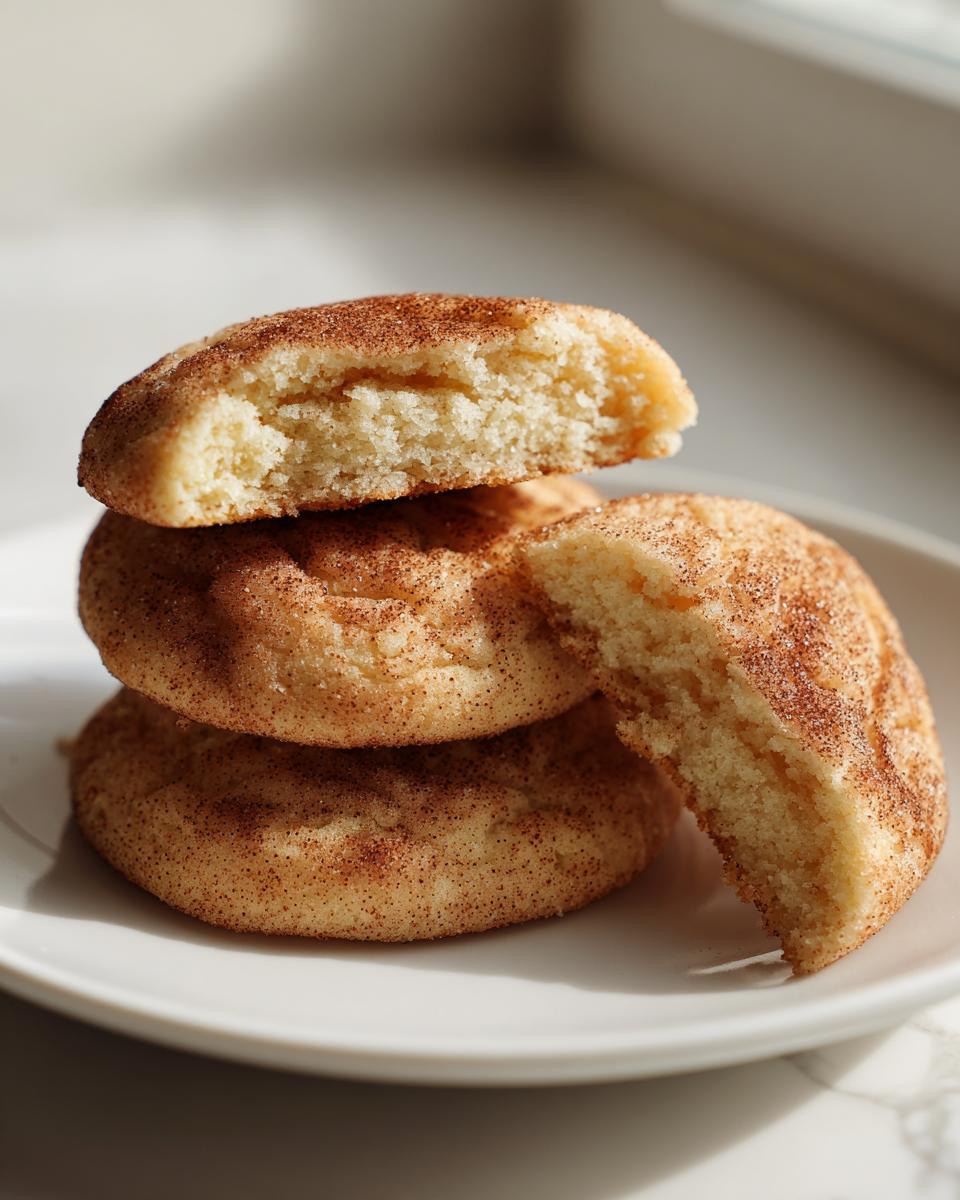 Close-up of a stack of three soft snickerdoodle cookies, one broken in half showing the fluffy interior.