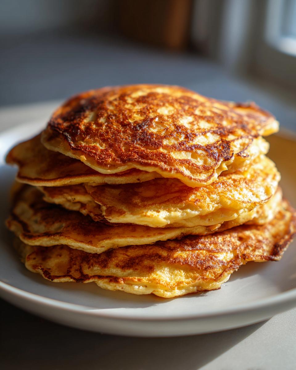 A tall stack of golden brown sourdough discard pancakes sitting on a white plate.