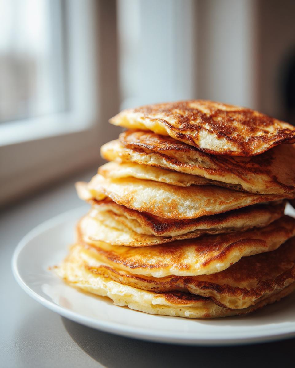 A tall stack of golden brown sourdough discard pancakes resting on a white plate near a window.