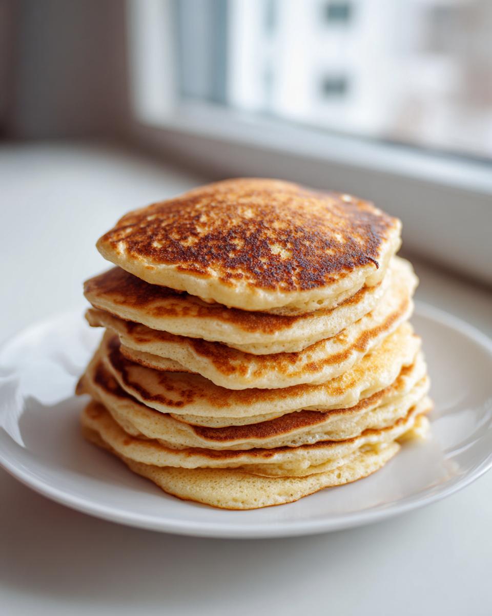 A tall stack of golden brown sourdough discard pancakes resting on a white plate near a window.
