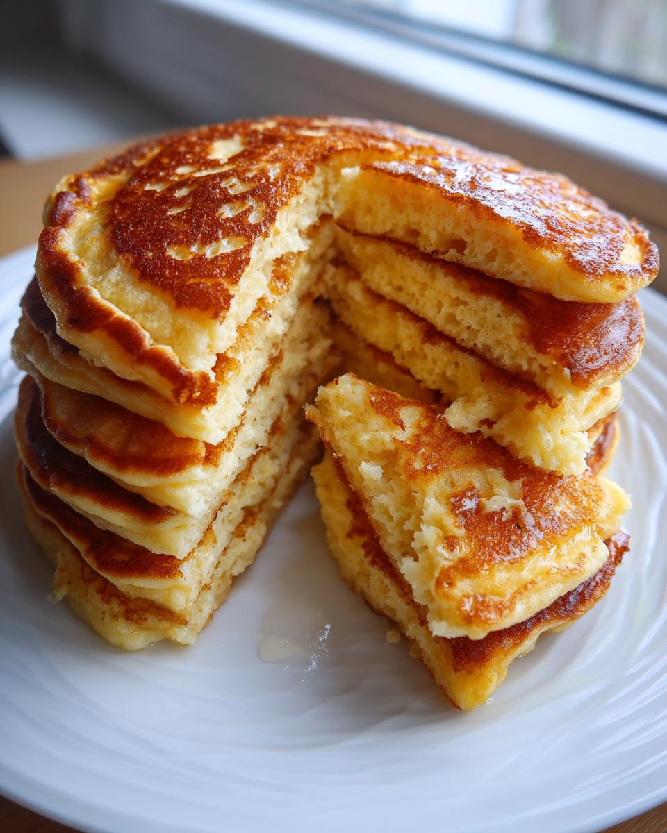 A tall stack of fluffy sourdough discard pancakes, cut to show the airy interior texture, served on a white plate.