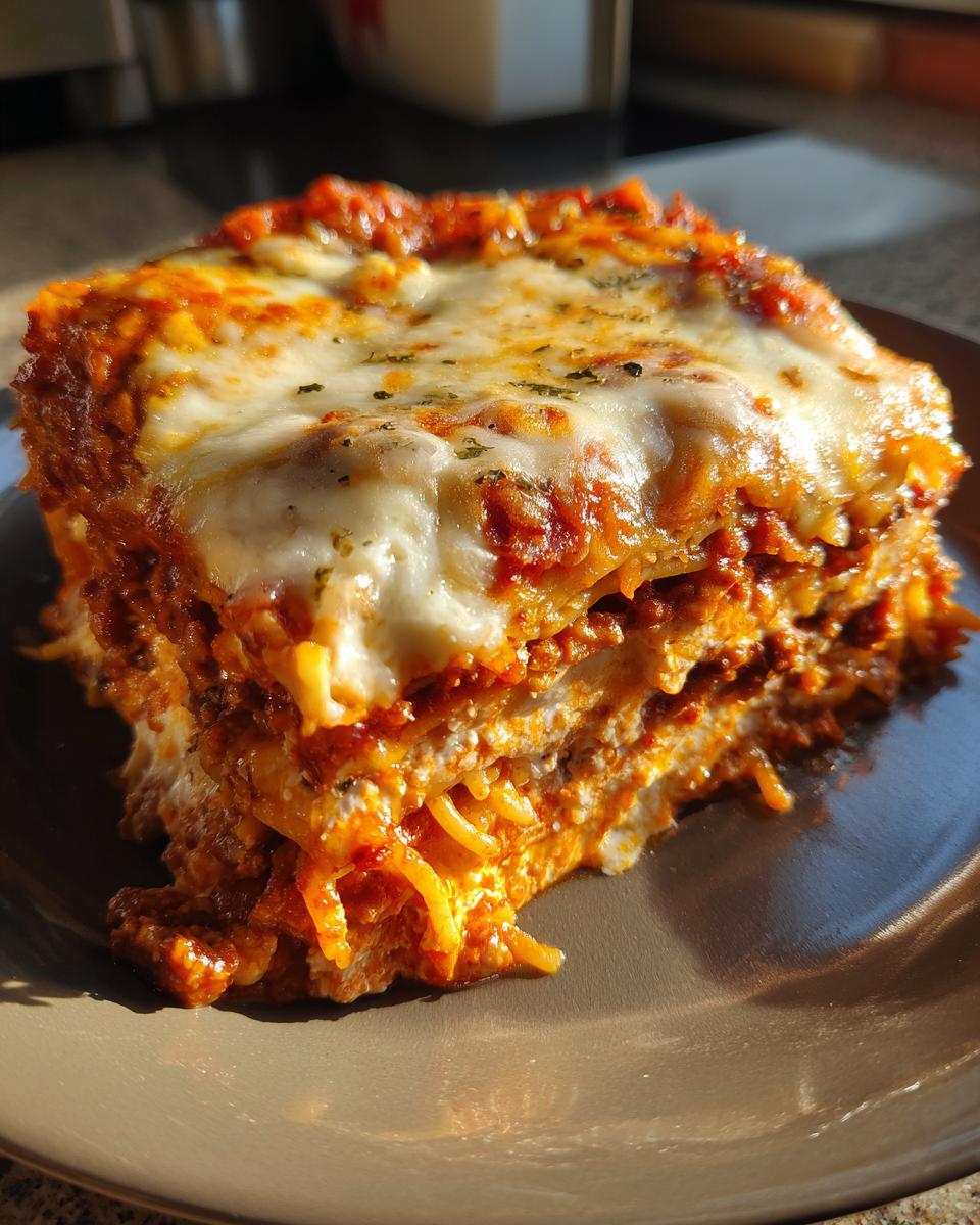 A thick, layered slice of cheesy spaghetti pie covered in melted mozzarella and tomato sauce.